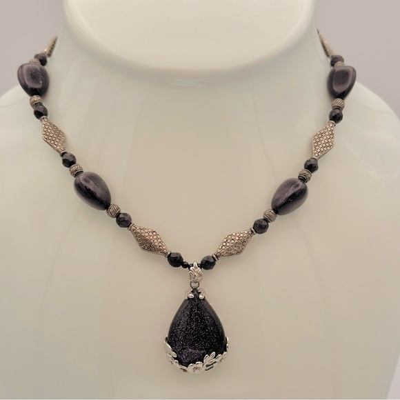 Blue Sandstone Natural Gemstone Blue and Silver Necklace - Picture 1 of 7